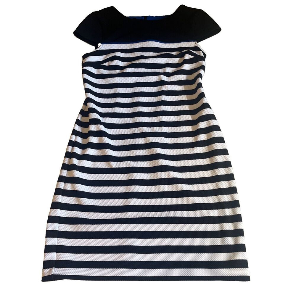 AB Studio Midi Sheath Dress Womens 10 Black White Stripe Short Sleeve Zip Knit